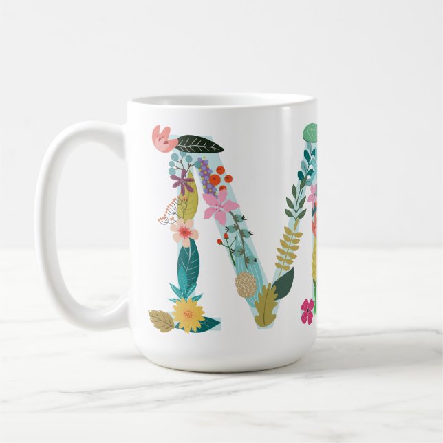 M-Monogramm-Tasse, Blumenm-Initiale, botanisch Kaffeetasse (Links)