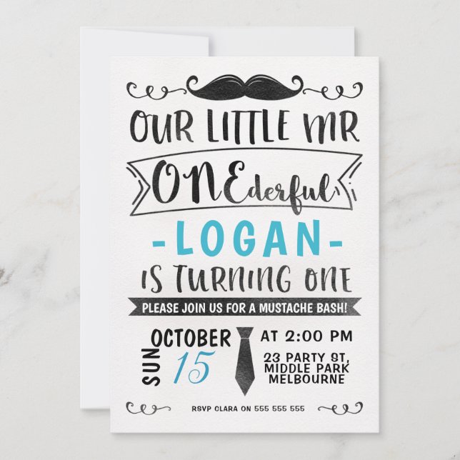 M. ONE-derful Birthday Invitation de noir bleu (Devant)