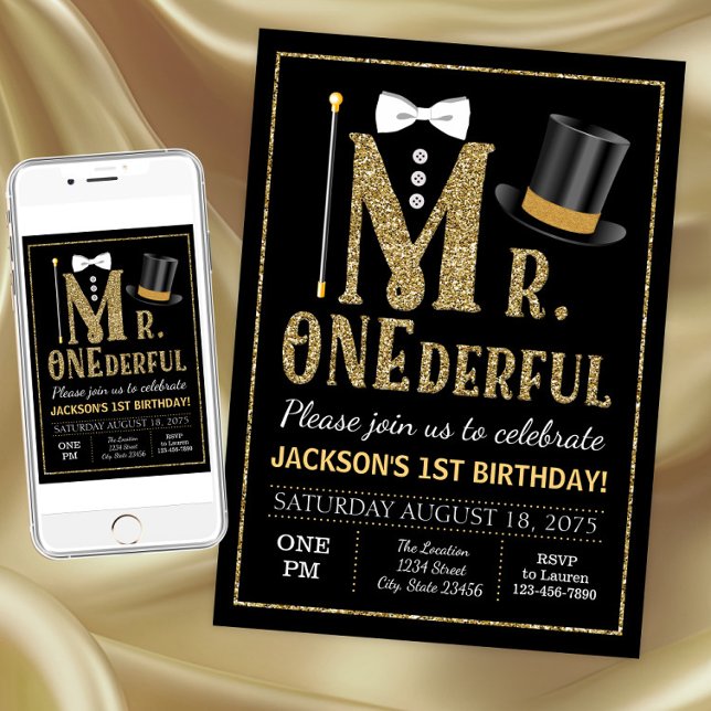 M. ONEderful Birthday Invitation (Boy Mr. Onderful 1st birthday party invitation. Download and printed invitations available.)