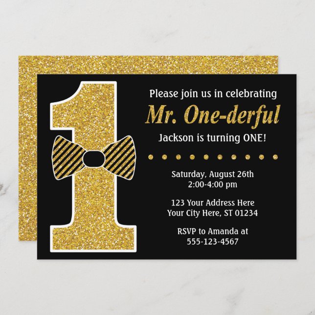 M. ONEderful Birthday Invitation ・ Black and Gold (Devant / Derrière)