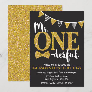 M. ONEderful Birthday Invitation   Noir et or