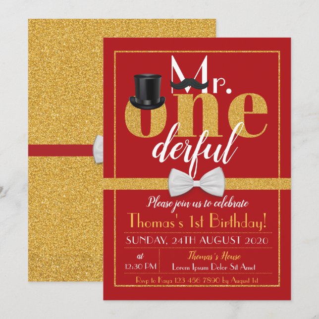 M. Onederful Birthday Invitation Red & Gold (Devant / Derrière)