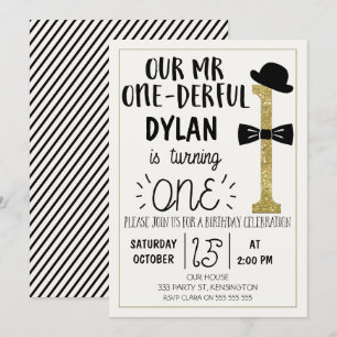 M. ONEderful Birthday Invitation with faux Gold