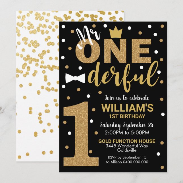 M. Onederful Invitation Black and Gold (Devant / Derrière)