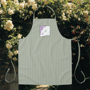 M Sage Green Strip Lila Blumenzellenschrift Monogr Schürze