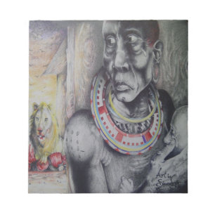 Maasai-Mutter & Kind mit Löwe Kunstprint/Grafik Notizblock