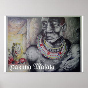 Maasai-Mutter & Kind mit Löwe Kunstprint/Grafik Poster