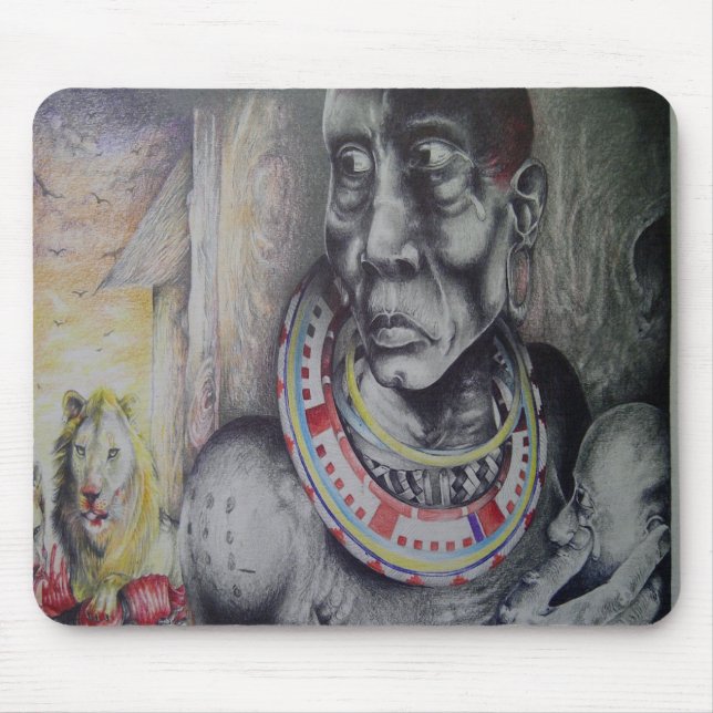 Maasai Mutter & Kind mit Löwenkunst Print/Grafik Mousepad (Vorne)