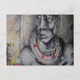 Maasai Mutter & Kind mit Löwenkunst Print/Grafik Postkarte