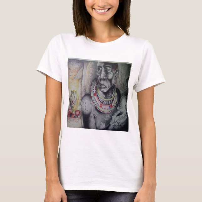 Maasai Mutter & Kind mit Löwenkunst Print/Grafik T-Shirt (Vorderseite)
