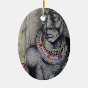 Maasai Mutter und Kind mit Löwe Art Print/Graphen Keramikornament