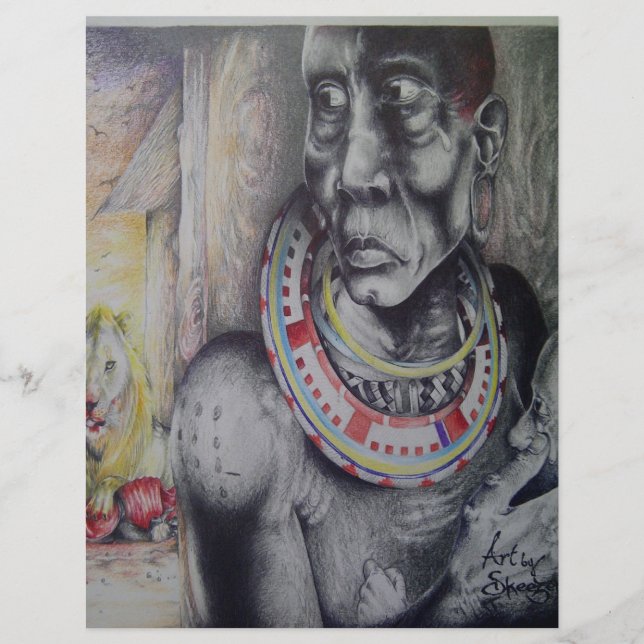 Maasai-Mutter und Kind mit Löwe Kunstprint (Vorderseite)