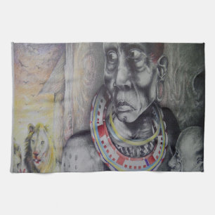 Maasai Mutter und Kind mit Löwenkunst Print Küchentuch