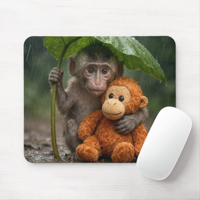 Macaque Monkey with a Stuffed Orangutan Mousepad (Mit Mouse)