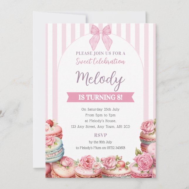 Macaron Anniversaire Invitation Stripe Sweet Celeb (Devant)