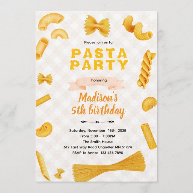 Macaroni Pasta Themed Birthday Invitation Einladung (Vorderseite)