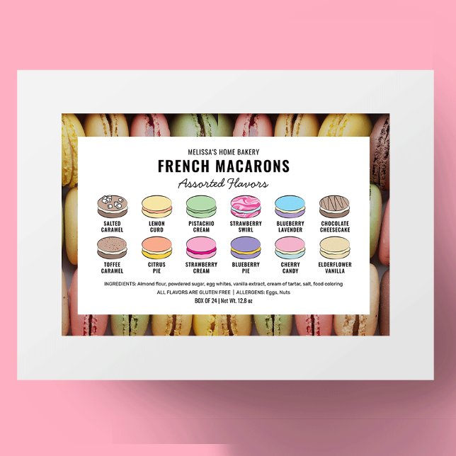 Macarons Flavor Menu Étiquette Couleurs personnali (Macaron Flavors Product Label with macarons clipart which allow you to edit all colors and text)