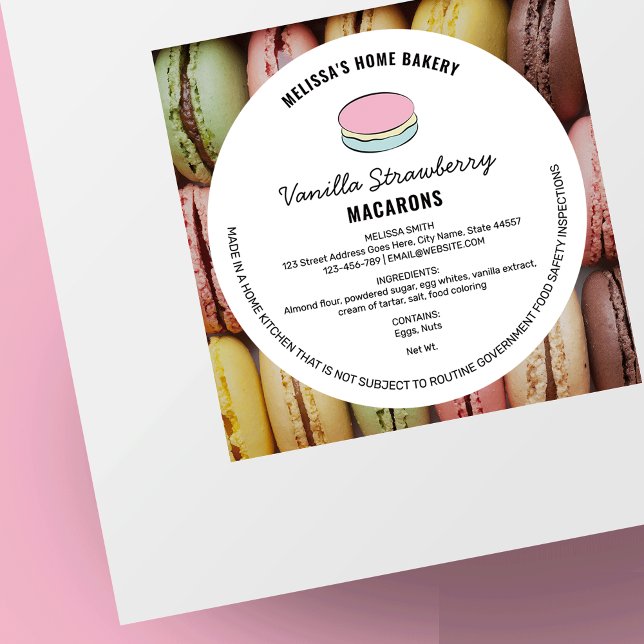 Macarons Hütte-Label mit Inhaltsstoffen Runder Aufkleber (Trendy macarons cottage law label with customizable macaron clip art - you can edit all colors)