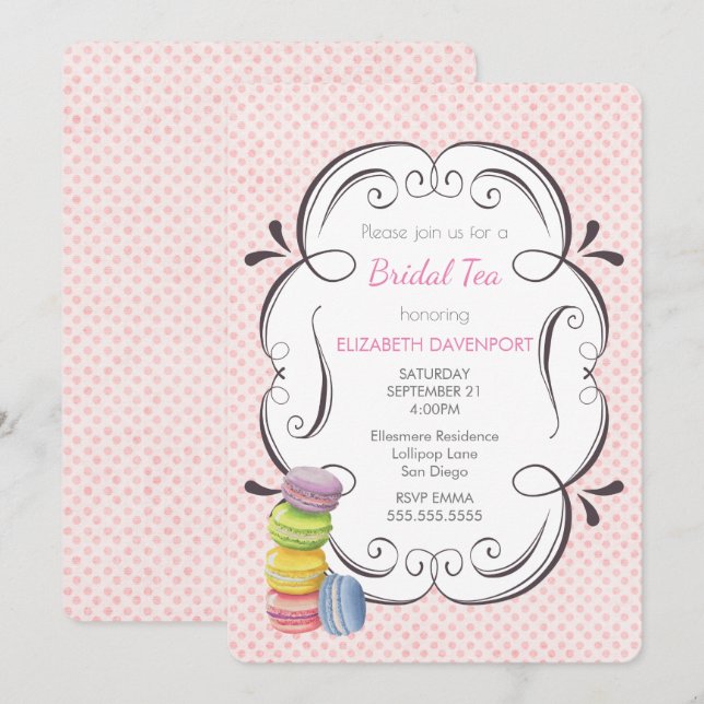 Macarons und Pink Polka Dots Bridal Tee Einladung (Vorne/Hinten)
