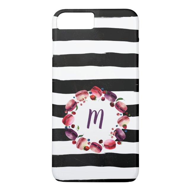 Macarons Wreath Monogram Schwarz-weiße Streifen Case-Mate iPhone Hülle (Rückseite)