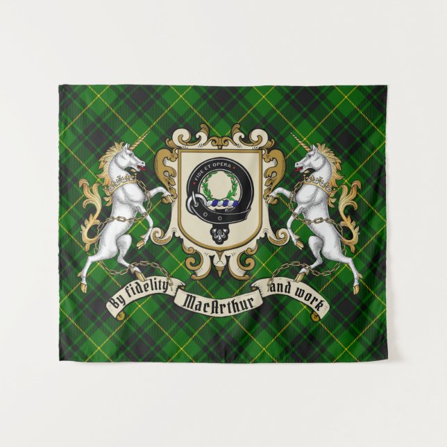 MacArthur Clan Abzeichen & Unicorns mit Tartan Wandteppich (Vorderseite (Horizontal))