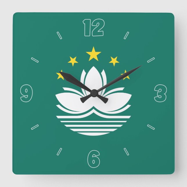 Macau Flag Green Yellow White Numbers Patriotic Quadratische Wanduhr (Vorderseite)