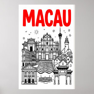 Macau-Reiseposter, Fette rote Skyline, Wahrzeichen Poster