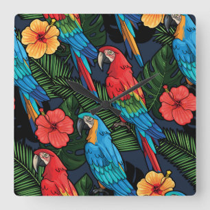 Macaw And Hibiscus Pattern Quadratische Wanduhr