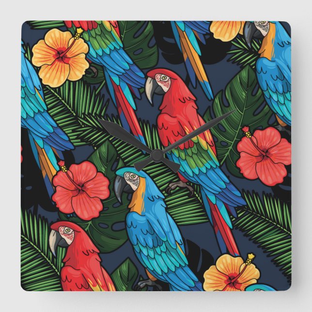 Macaw And Hibiscus Pattern Quadratische Wanduhr (Vorderseite)