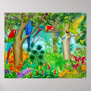 Macaw-Papageien-Dschungel-Aquarell-Malerei-Plakat Poster