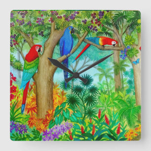 Macaw-Papageien-Dschungel-Kunst-Wanduhr Quadratische Wanduhr