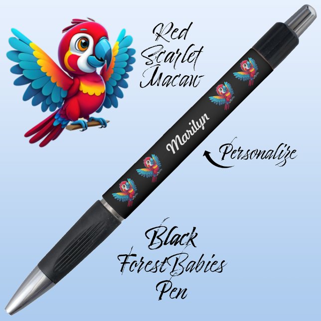 Macaw Parrot, Tropical Bird Safari Animal Black 🦜 Kugelschreiber (Cute Whimsical Tropical Macaw Parrot Bird Cartoon Graphic, Black Customizable ForestBabies Pen 🐦🌴)