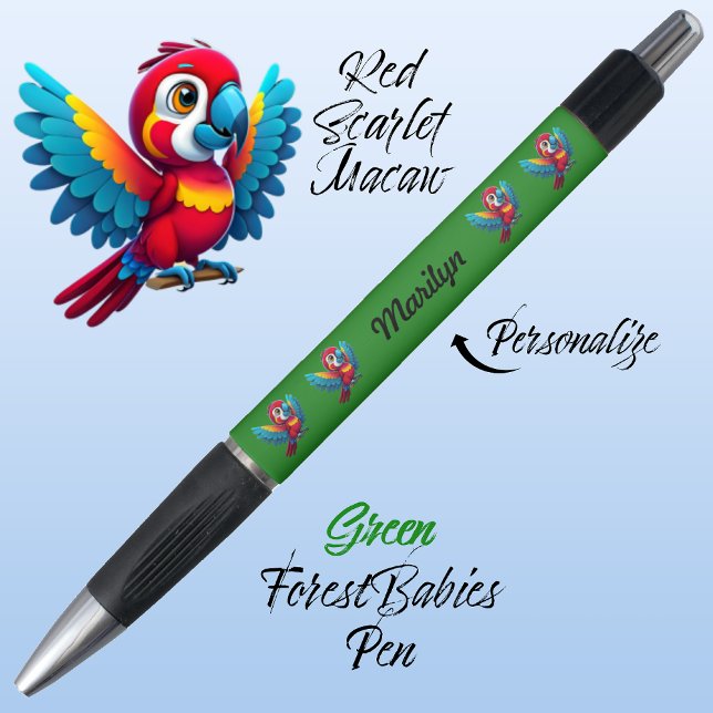 Macaw Parrot, Tropical Bird Safari Animal Green 🦜 Kugelschreiber (Cute Whimsical Tropical Macaw Parrot Bird Cartoon Graphic, Green Customizable ForestBabies Pen 🐦🌴)