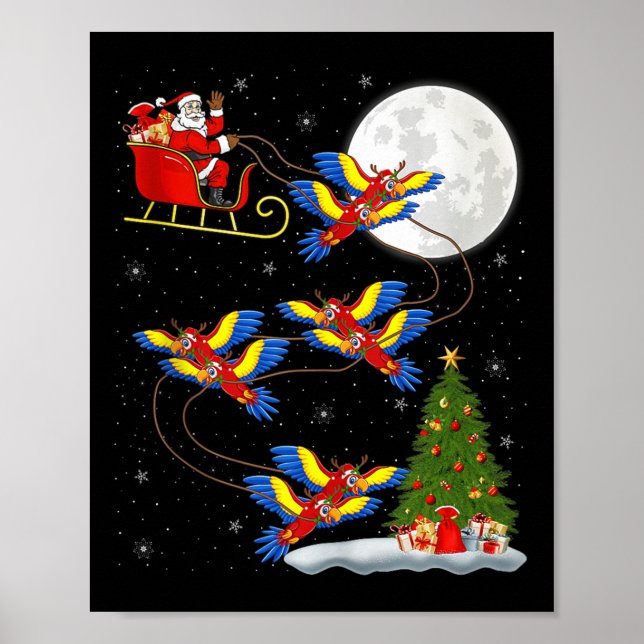 Macaw Parrots Santa Sleigh Flying Funny Magical Ch Poster (Vorne)