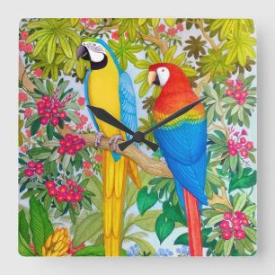 Macaw plappert tropische Vogel-Wanduhr nach Quadratische Wanduhr