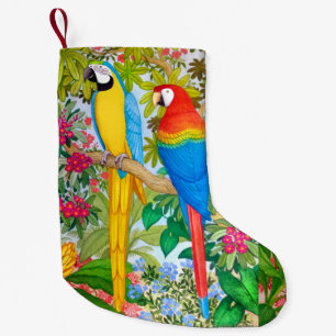Macaw plappert tropischen WeihnachtsStrumpf nach Kleiner Weihnachtsstrumpf