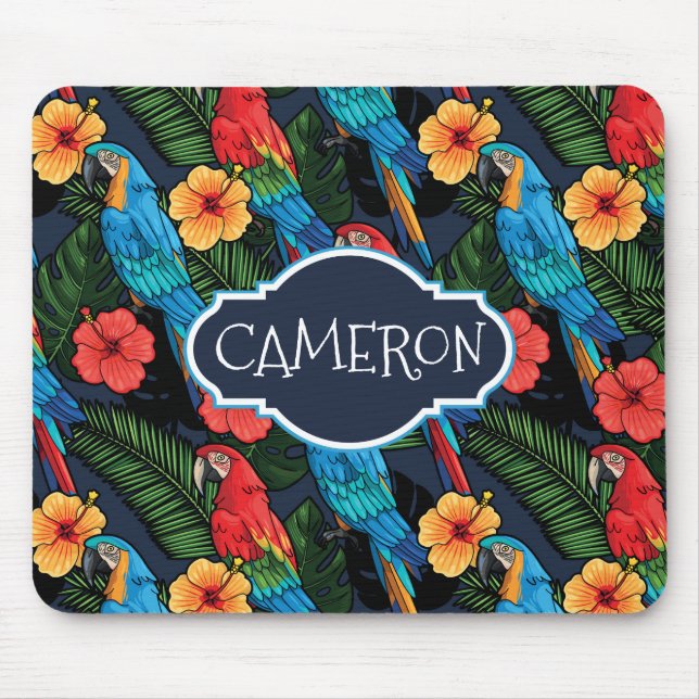 Macaw-und Hibiskus-Muster | addieren Ihren Namen Mousepad (Vorne)