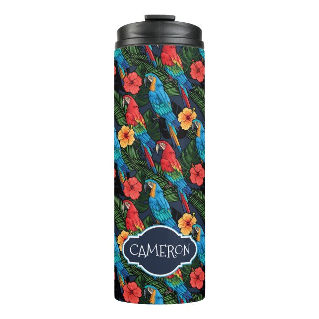 Macaw-und Hibiskus-Muster | addieren Ihren Namen Thermosbecher (Vorderseite)