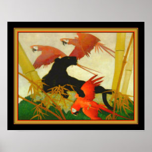 "Macaws & Panther" Stark Davis Art Deco Print Poster