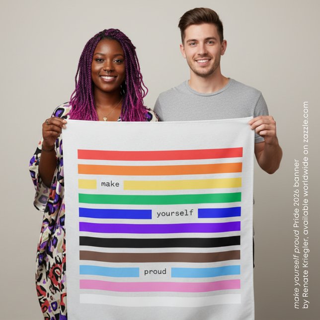 Mach dich stolz Regenbogen-Redaktion Pride 2026 Wandteppich (make yourself proud rainbow redaction poem Pride 2026 banner by Renate Kriegler available on Zazzle)