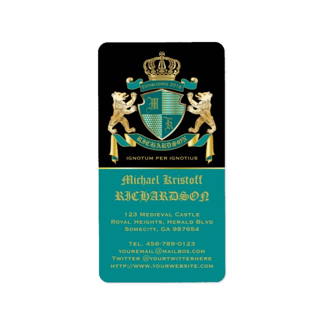 Machen Sie Ihr eigenes Wappen Aquamarinen Goldbäre Adressaufkleber (Vorne)