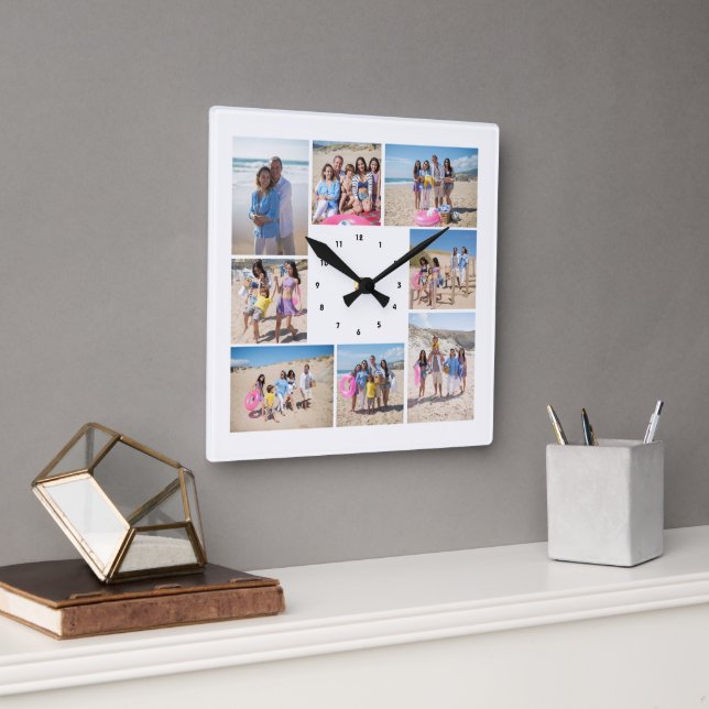 Machen Sie Ihre eigene 8-FotoCollage Personalisier Quadratische Wanduhr (Büro)