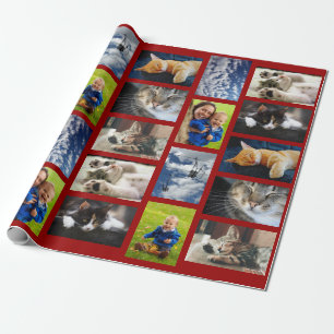 Machen Sie Ihre eigene 9 FotoCollage auf Dunkelrot Geschenkpapier