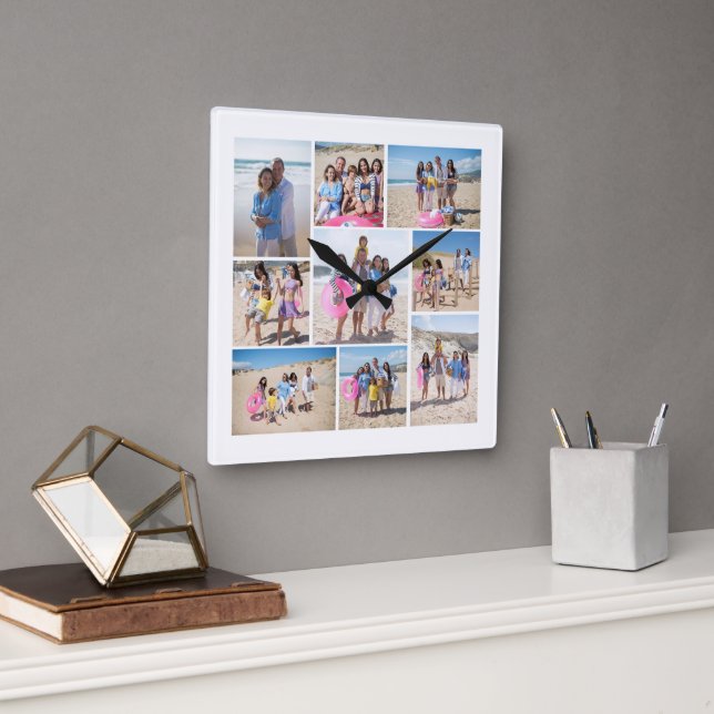 Machen Sie Ihre eigene 9-FotoCollage Personalisier Quadratische Wanduhr (Büro)