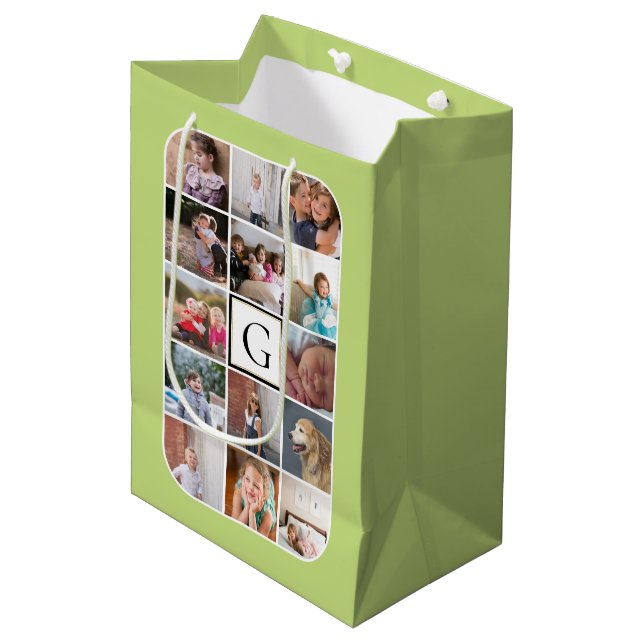 Machen Sie Ihre eigene Foto-Collage, monogramm hel Mittlere Geschenktüte (Vorderseite Schrägansicht)