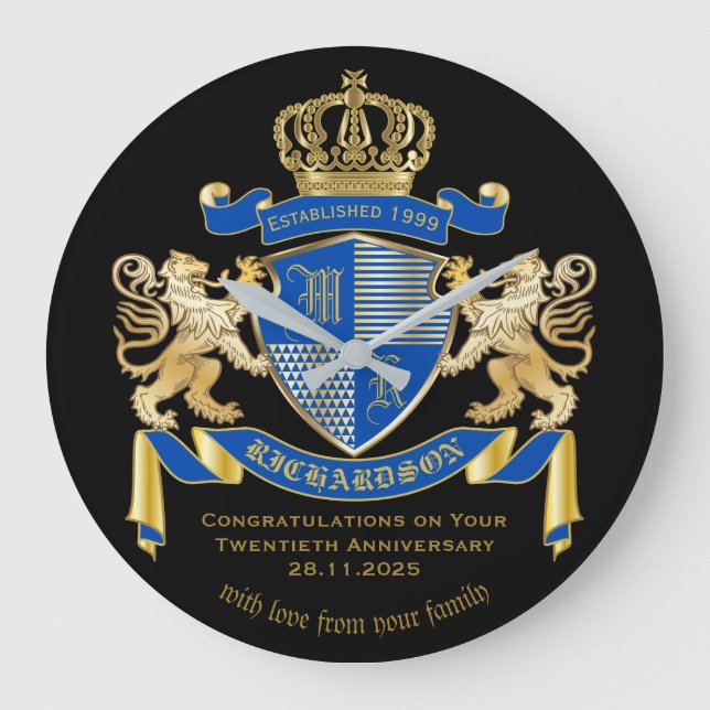 Machen Sie Ihren eigenen Coat von Arms Blue Gold L Große Wanduhr (Vorderseite)