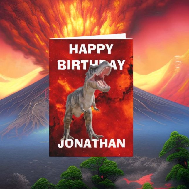 Machen Sie Ihren Geburtstag unvergesslich mit unse Karte (Unleash your creativity with our T Rex dinosaur card featuring a striking red volcano!)