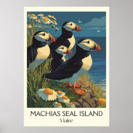 Machias Siegel Island ME Vintag Puffssee Bird Art Poster