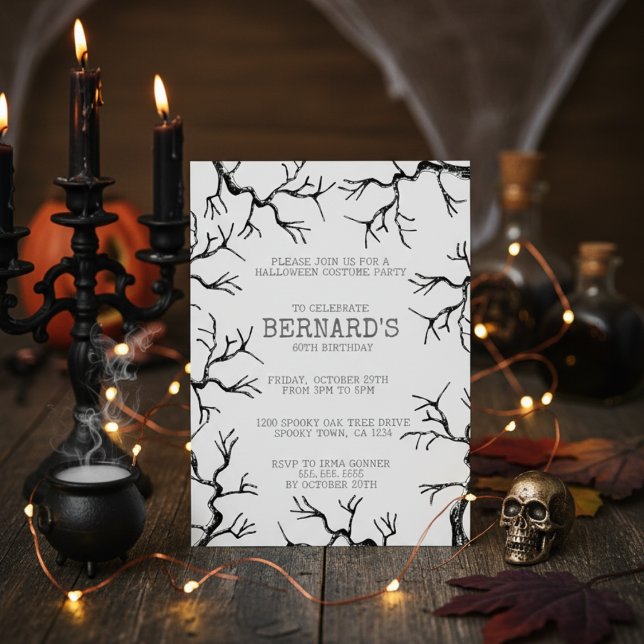 Mächtig wie die Eichenspöttin Erwachsene Geburtsta Einladung (Spooky Oak Trees Halloween Birthday Invitation for Him. Black & White Scary Oak Tree Illustration)