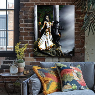 Mächtige Fantasy-Zauberin Schwarzer Drachen Wächte Poster